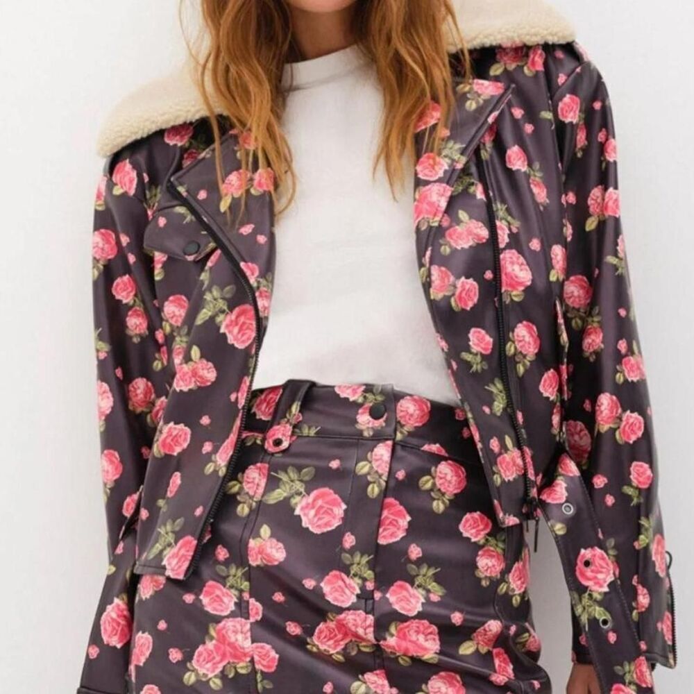 For Love & Lemons Wren Vegan Leather Moto Jacket Floral Rose Romantic Grunge new - Picture 2 of 7